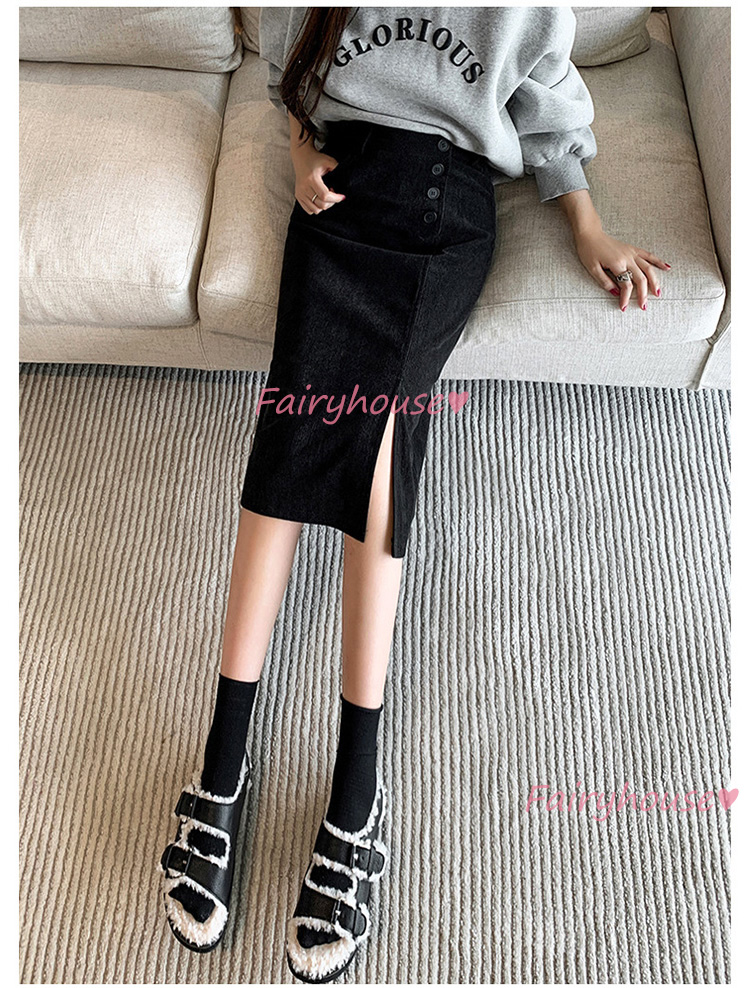 スカート 膝丈 秋冬 タイトスカート 黒コールテンスカート レディース ハイウェストボ大人 ロング丈Aラインスカート スリット 40代 オシャレ30代 50代 