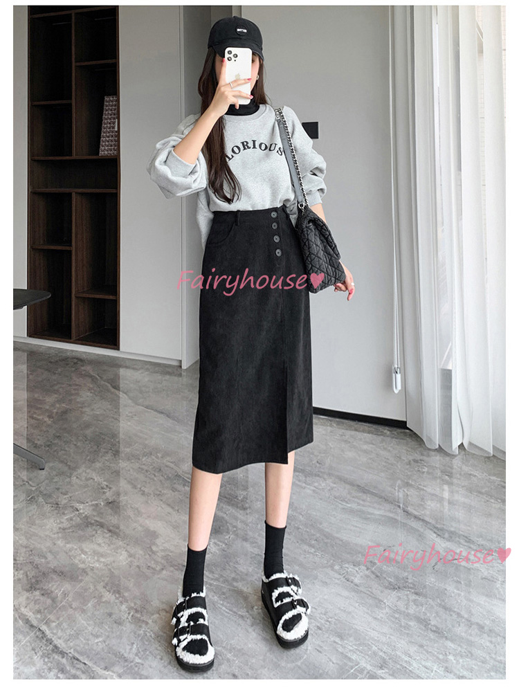 スカート 膝丈 秋冬 タイトスカート 黒コールテンスカート レディース ハイウェストボ大人 ロング丈Aラインスカート スリット 40代 オシャレ30代 50代 