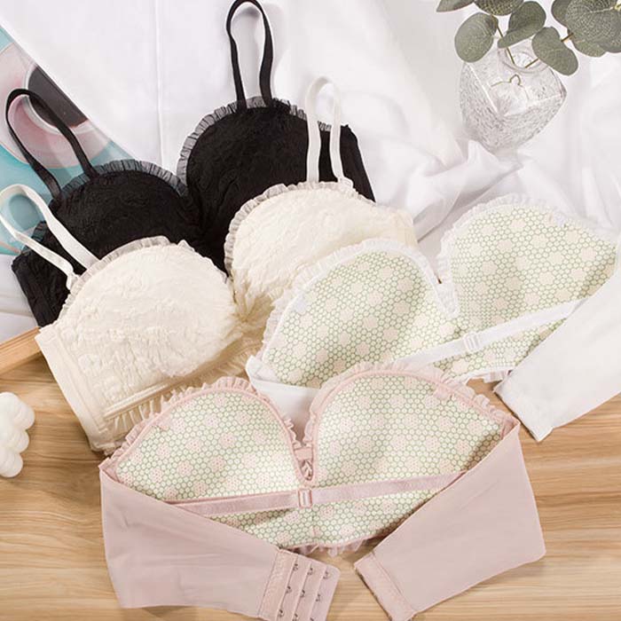 ブラショーツ セット でこぼこふわもこデザイン レースフリル 幾何学 植物柄 ランジェ ストラップレス ノンワイヤー ブラジャー 盛れるブラ 谷間 ショーツ 