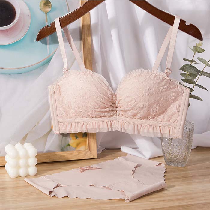 ブラショーツ セット でこぼこふわもこデザイン レースフリル 幾何学 植物柄 ランジェ ストラップレス ノンワイヤー ブラジャー 盛れるブラ 谷間 ショーツ 