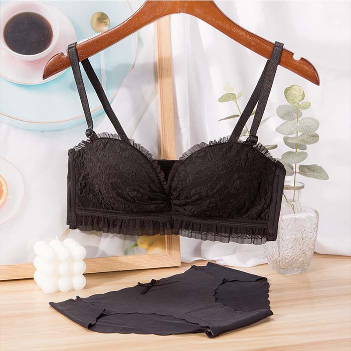 ブラショーツ セット でこぼこふわもこデザイン レースフリル 幾何学 植物柄 ランジェ ストラップレス ノンワイヤー ブラジャー 盛れるブラ 谷間 ショーツ 
