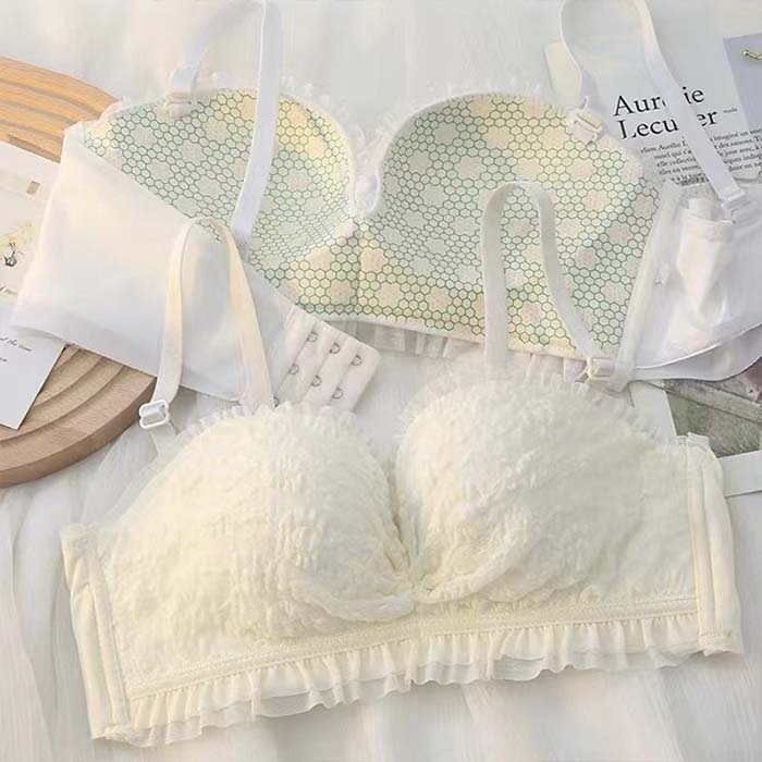 ブラショーツ セット でこぼこふわもこデザイン レースフリル 幾何学 植物柄 ランジェ ストラップレス ノンワイヤー ブラジャー 盛れるブラ 谷間 ショーツ 