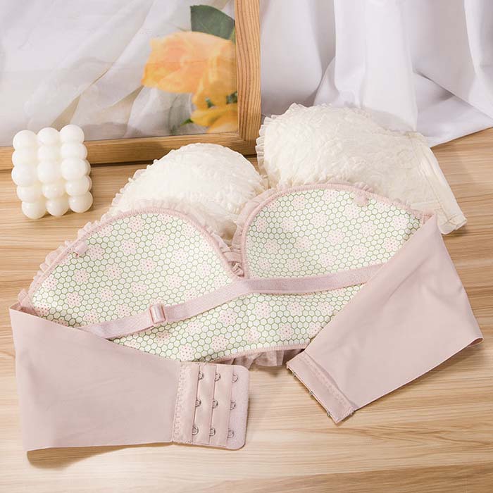 ブラショーツ セット でこぼこふわもこデザイン レースフリル 幾何学 植物柄 ランジェ ストラップレス ノンワイヤー ブラジャー 盛れるブラ 谷間 ショーツ 