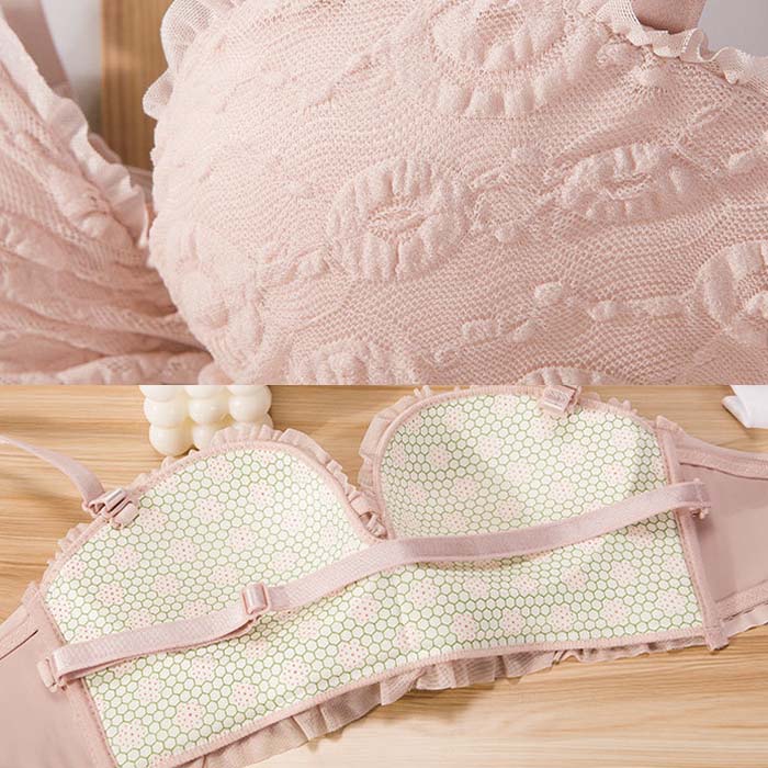 ブラショーツ セット でこぼこふわもこデザイン レースフリル 幾何学 植物柄 ランジェ ストラップレス ノンワイヤー ブラジャー 盛れるブラ 谷間 ショーツ 