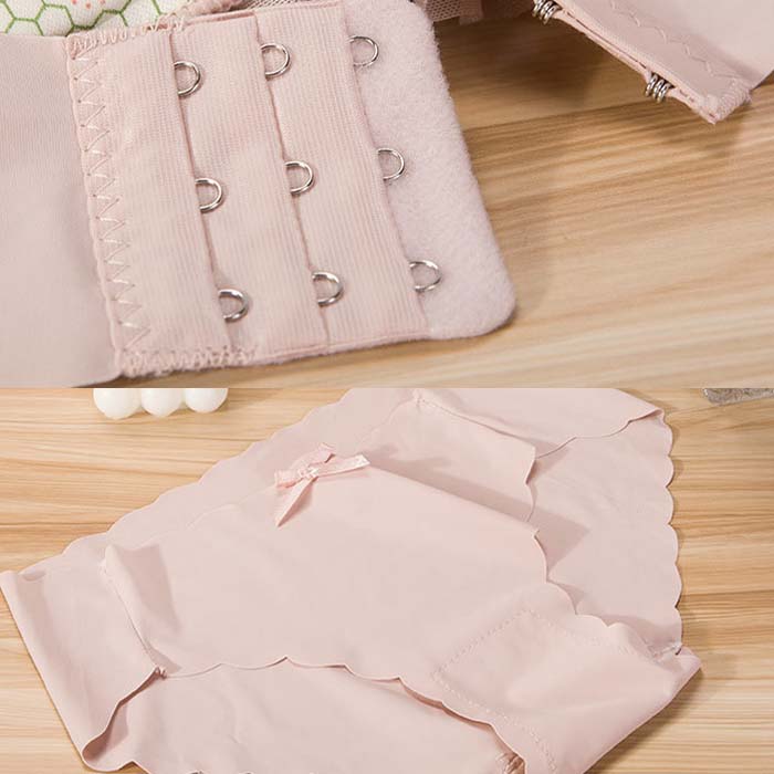 ブラショーツ セット でこぼこふわもこデザイン レースフリル 幾何学 植物柄 ランジェ ストラップレス ノンワイヤー ブラジャー 盛れるブラ 谷間 ショーツ 