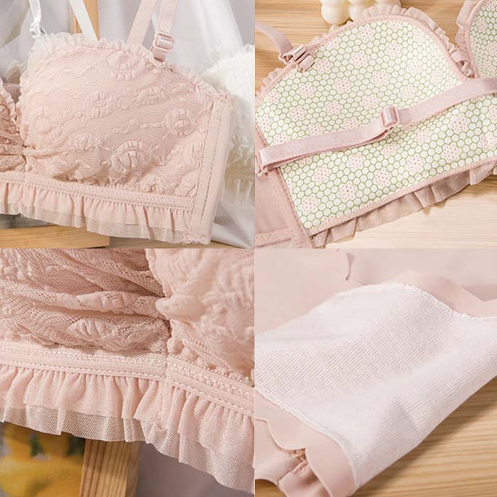 ブラショーツ セット でこぼこふわもこデザイン レースフリル 幾何学 植物柄 ランジェ ストラップレス ノンワイヤー ブラジャー 盛れるブラ 谷間 ショーツ 