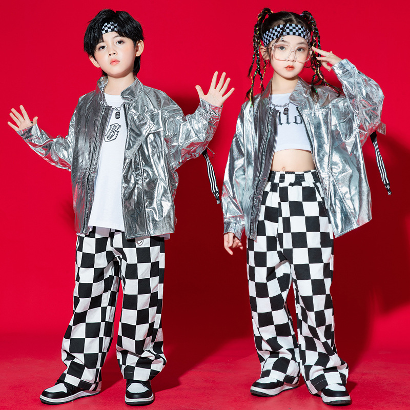 キッズ ダンス衣装 子供 ヒップホップ 長袖 ジャケット ストト 子供服 チェック柄 男の子 女の子 ステージ衣装 派手 ロングパンツ シルバー 舞台衣装 文化祭 