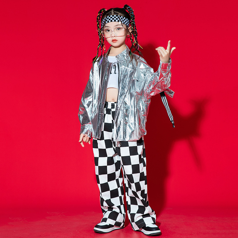 キッズ ダンス衣装 子供 ヒップホップ 長袖 ジャケット ストト 子供服 チェック柄 男の子 女の子 ステージ衣装 派手 ロングパンツ シルバー 舞台衣装 文化祭 