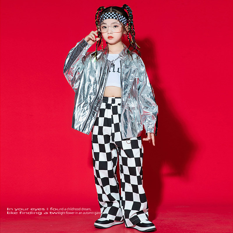 キッズ ダンス衣装 子供 ヒップホップ 長袖 ジャケット ストト 子供服 チェック柄 男の子 女の子 ステージ衣装 派手 ロングパンツ シルバー 舞台衣装 文化祭 