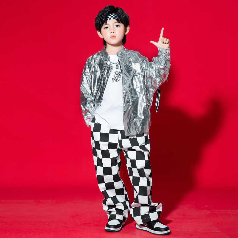 キッズ ダンス衣装 子供 ヒップホップ 長袖 ジャケット ストト 子供服 チェック柄 男の子 女の子 ステージ衣装 派手 ロングパンツ シルバー 舞台衣装 文化祭 
