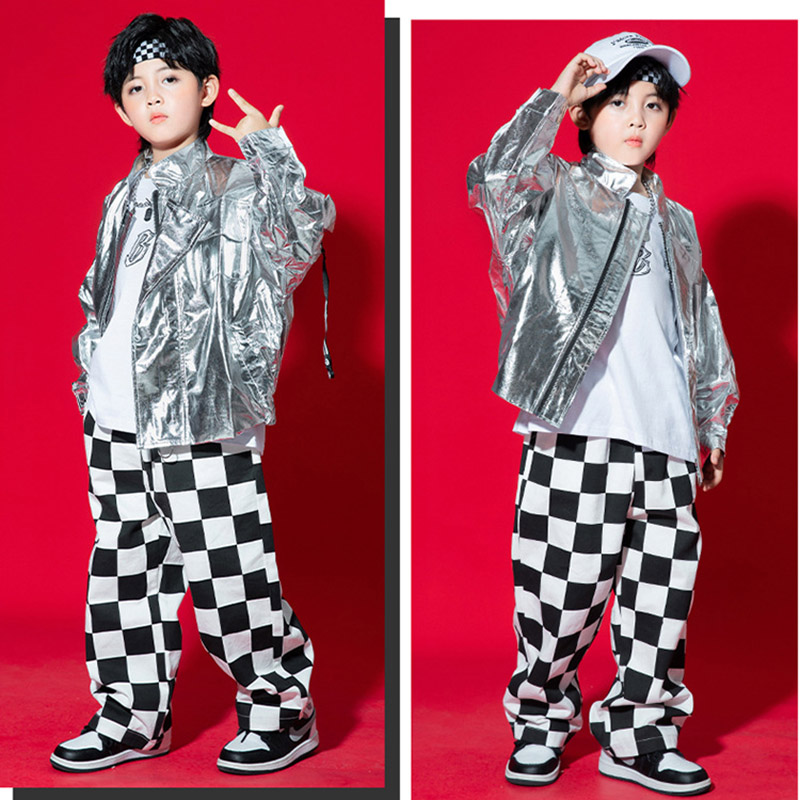 キッズ ダンス衣装 子供 ヒップホップ 長袖 ジャケット ストト 子供服 チェック柄 男の子 女の子 ステージ衣装 派手 ロングパンツ シルバー 舞台衣装 文化祭 
