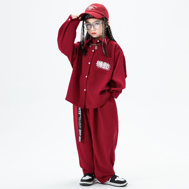 キッズ ダンス衣装 ヒップホップ 長袖 シャツ ロングパンツ 女の子 トップス 派手 原宿系 派手 赤 ダンス発表会 キッズ 男の子ダボダボ レッド 