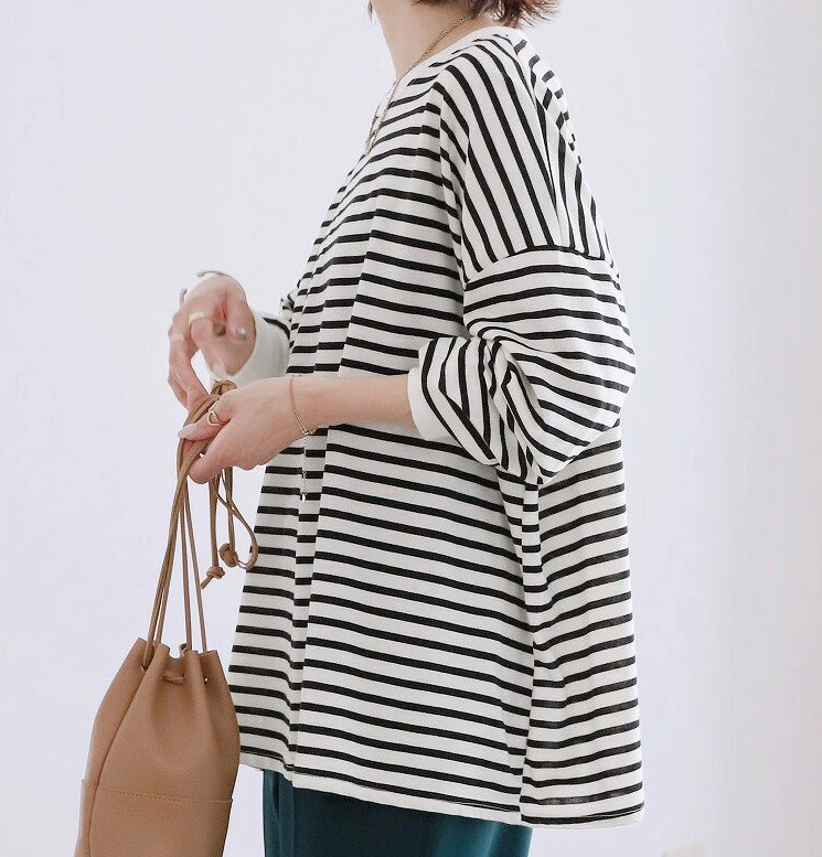 ゆるボーダー柄＆無地ビッグプルオーバーボーダー トップス 長袖 カットソー Tシャツ スウェット きれいめ 冬 カジュアル ガーゆったり 秋 長袖 