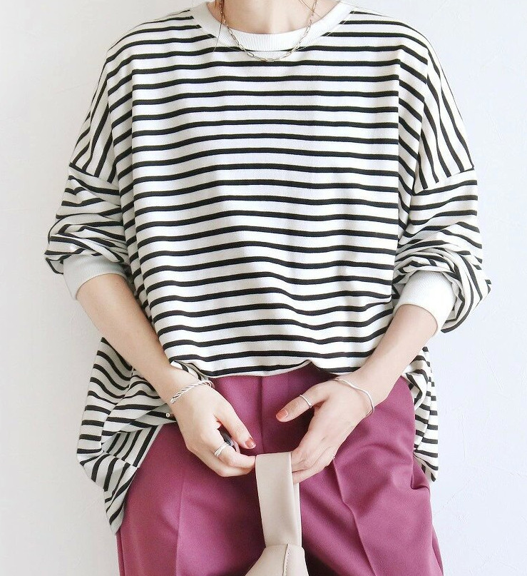 ゆるボーダー柄＆無地ビッグプルオーバーボーダー トップス 長袖 カットソー Tシャツ スウェット きれいめ 冬 カジュアル ガーゆったり 秋 長袖 