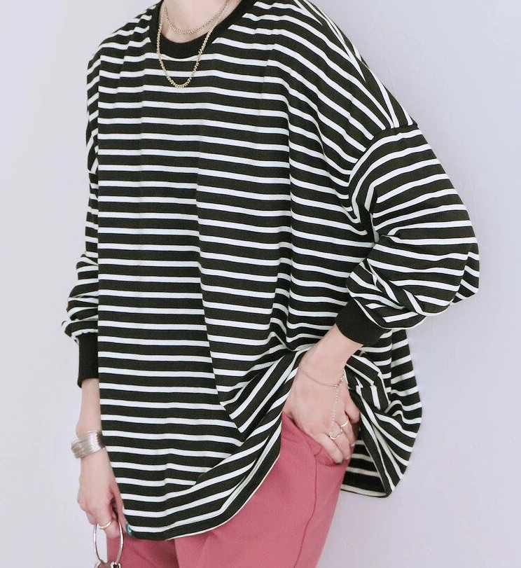 ゆるボーダー柄＆無地ビッグプルオーバーボーダー トップス 長袖 カットソー Tシャツ スウェット きれいめ 冬 カジュアル ガーゆったり 秋 長袖 