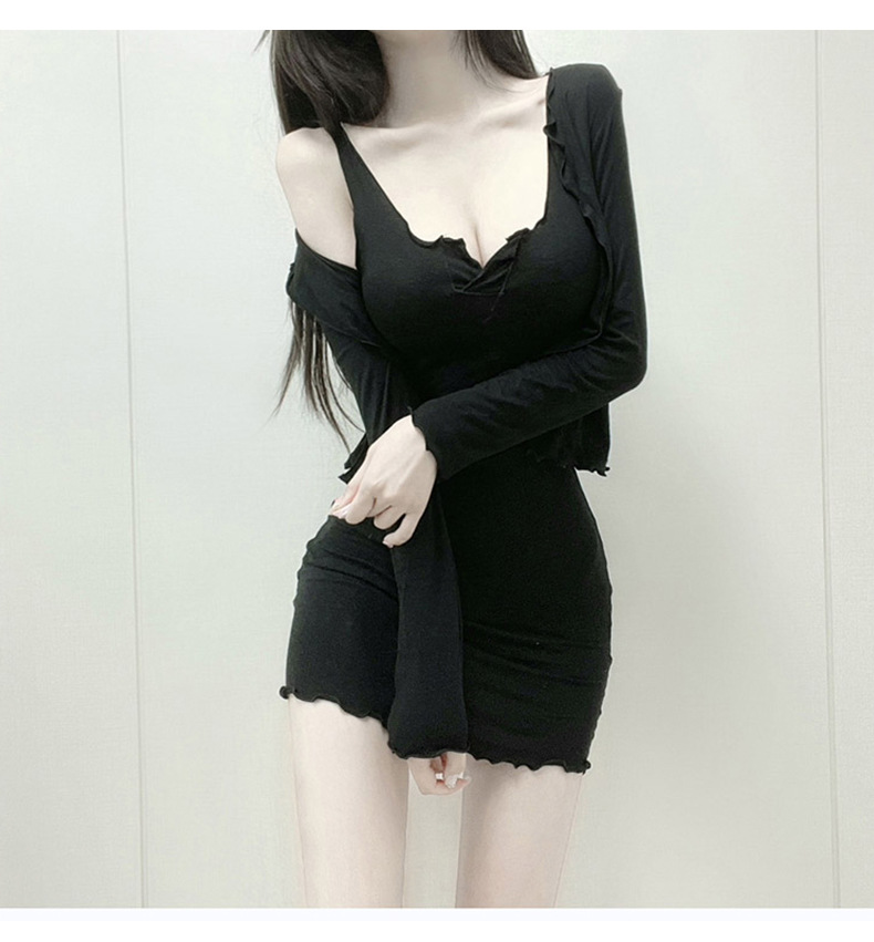 ワンピース ライトアウター タンクトップ タイト ストレッチ レディース セクシー きれいめ ボディコン ミニ丈 長袖アウター おしゃれ 2点セット 袖なしワンピー