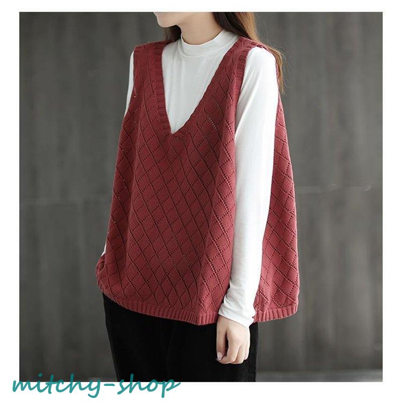 ニットベスト レディース チョッキ トップス Vネック ノースリーブ ゆったり ベスト セーター ジレー カジュアル 秋コーデ 秋物 プルオーバー 