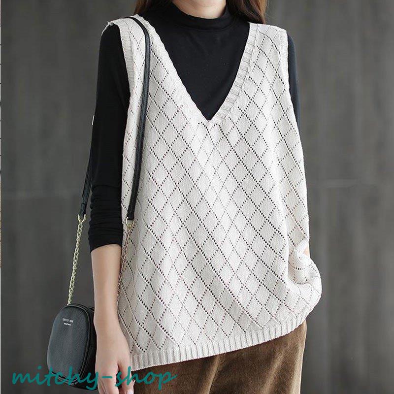 ニットベスト レディース チョッキ トップス Vネック ノースリーブ ゆったり ベスト セーター ジレー カジュアル 秋コーデ 秋物 プルオーバー 