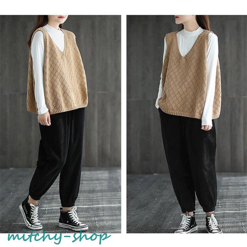 ニットベスト レディース チョッキ トップス Vネック ノースリーブ ゆったり ベスト セーター ジレー カジュアル 秋コーデ 秋物 プルオーバー 