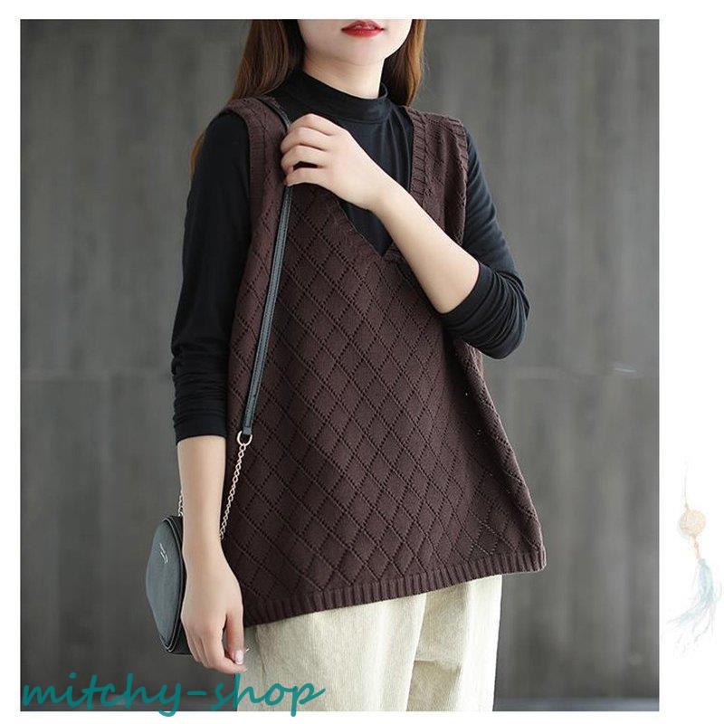 ニットベスト レディース チョッキ トップス Vネック ノースリーブ ゆったり ベスト セーター ジレー カジュアル 秋コーデ 秋物 プルオーバー 