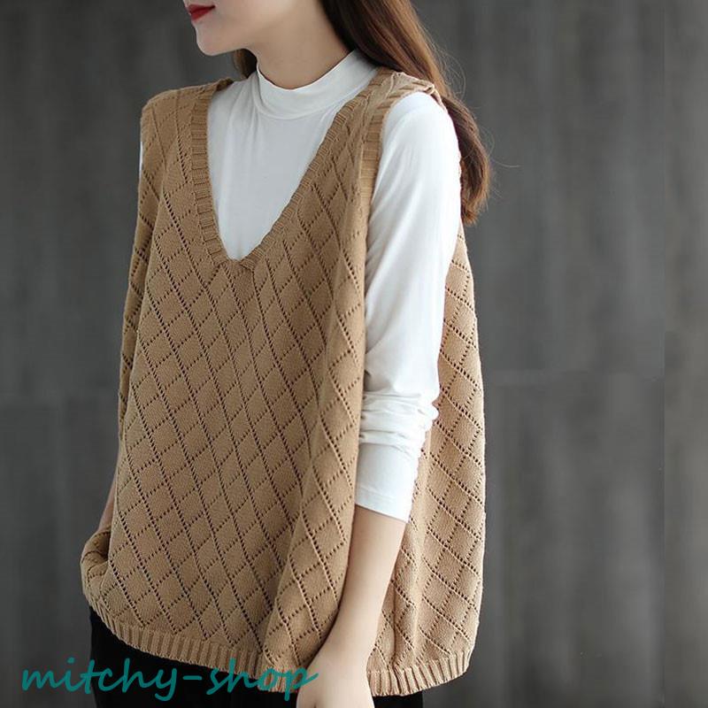 ニットベスト レディース チョッキ トップス Vネック ノースリーブ ゆったり ベスト セーター ジレー カジュアル 秋コーデ 秋物 プルオーバー 