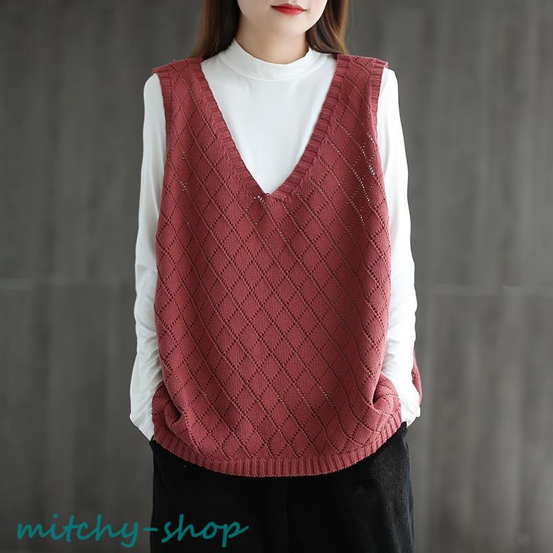 ニットベスト レディース チョッキ トップス Vネック ノースリーブ ゆったり ベスト セーター ジレー カジュアル 秋コーデ 秋物 プルオーバー 