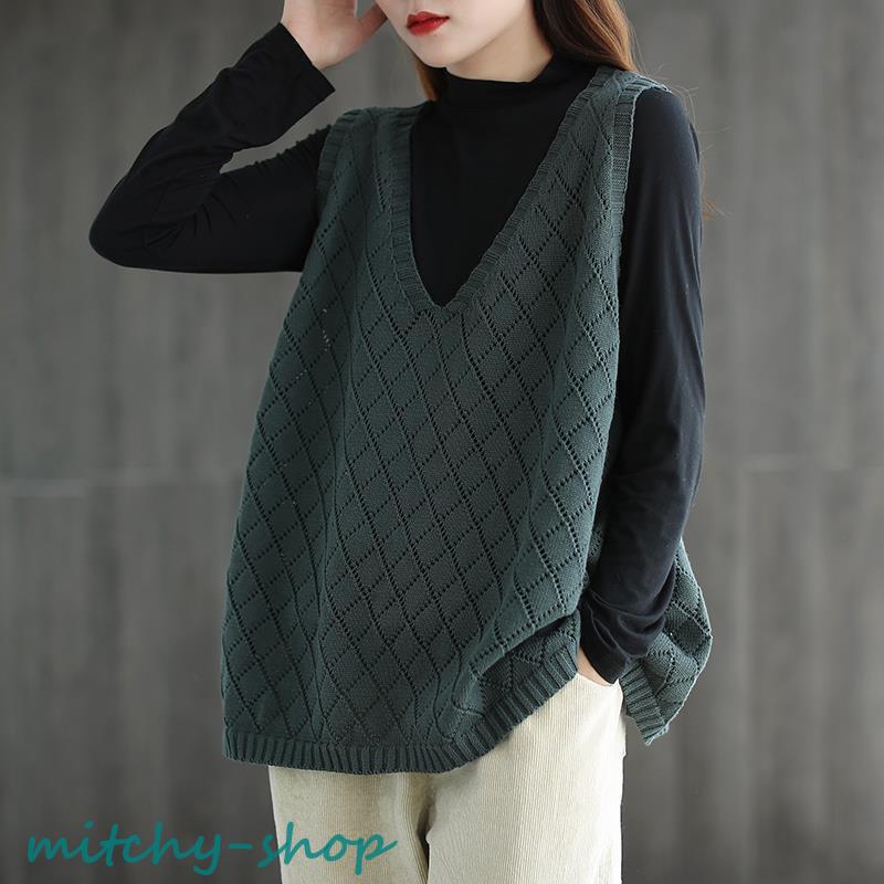 ニットベスト レディース チョッキ トップス Vネック ノースリーブ ゆったり ベスト セーター ジレー カジュアル 秋コーデ 秋物 プルオーバー 