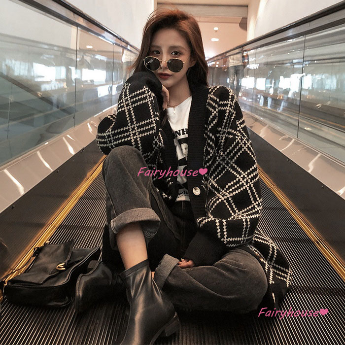 ニットカーディガン レディース 秋冬 40代 長袖ニットコーディガン チェック柄Vネックカーディガン 50代 ゆったりアウター ショット丈セーター 秋服 おしゃれ 