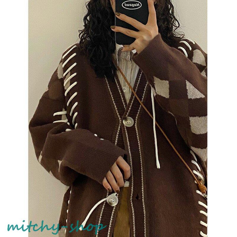 カーディガン アーガイル ニット 長袖 アウター 羽織り 大きいサイズ レースアップ 編み上げ 大人 上着 紐 レディース トップス かわいい セーター 秋 レトロ 