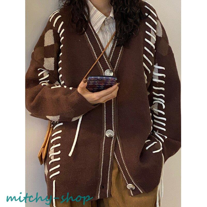 カーディガン アーガイル ニット 長袖 アウター 羽織り 大きいサイズ レースアップ 編み上げ 大人 上着 紐 レディース トップス かわいい セーター 秋 レトロ 