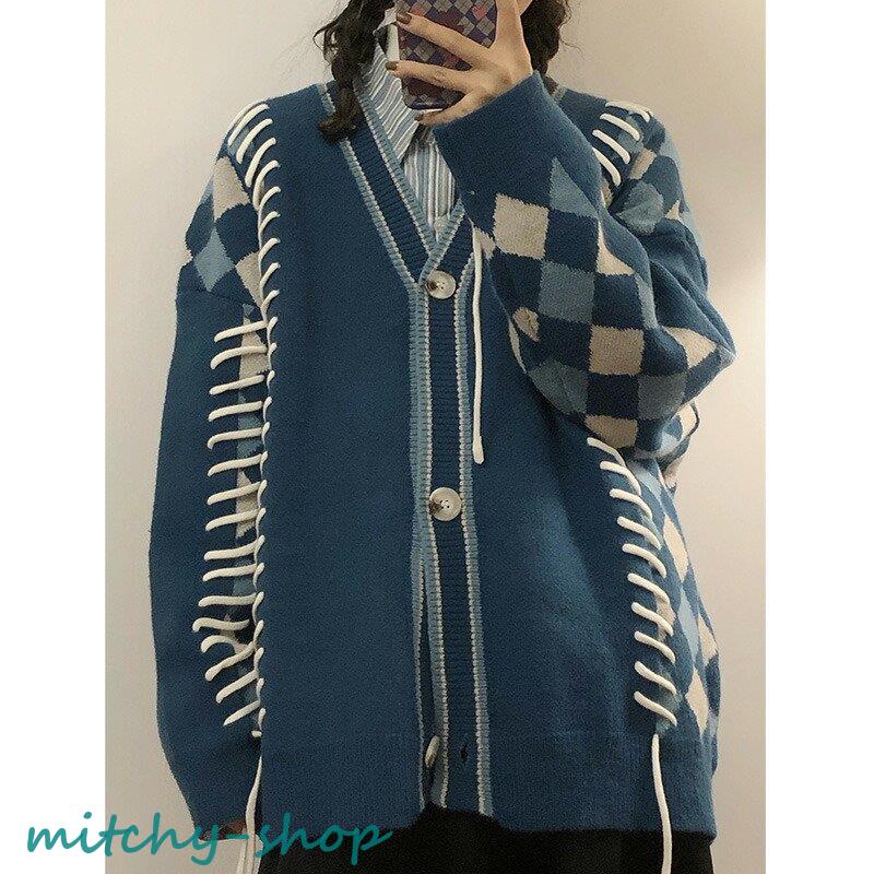 カーディガン アーガイル ニット 長袖 アウター 羽織り 大きいサイズ レースアップ 編み上げ 大人 上着 紐 レディース トップス かわいい セーター 秋 レトロ 