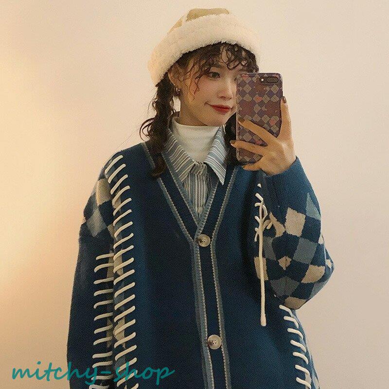 カーディガン アーガイル ニット 長袖 アウター 羽織り 大きいサイズ レースアップ 編み上げ 大人 上着 紐 レディース トップス かわいい セーター 秋 レトロ 