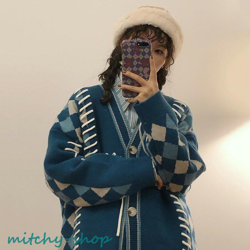 カーディガン アーガイル ニット 長袖 アウター 羽織り 大きいサイズ レースアップ 編み上げ 大人 上着 紐 レディース トップス かわいい セーター 秋 レトロ 