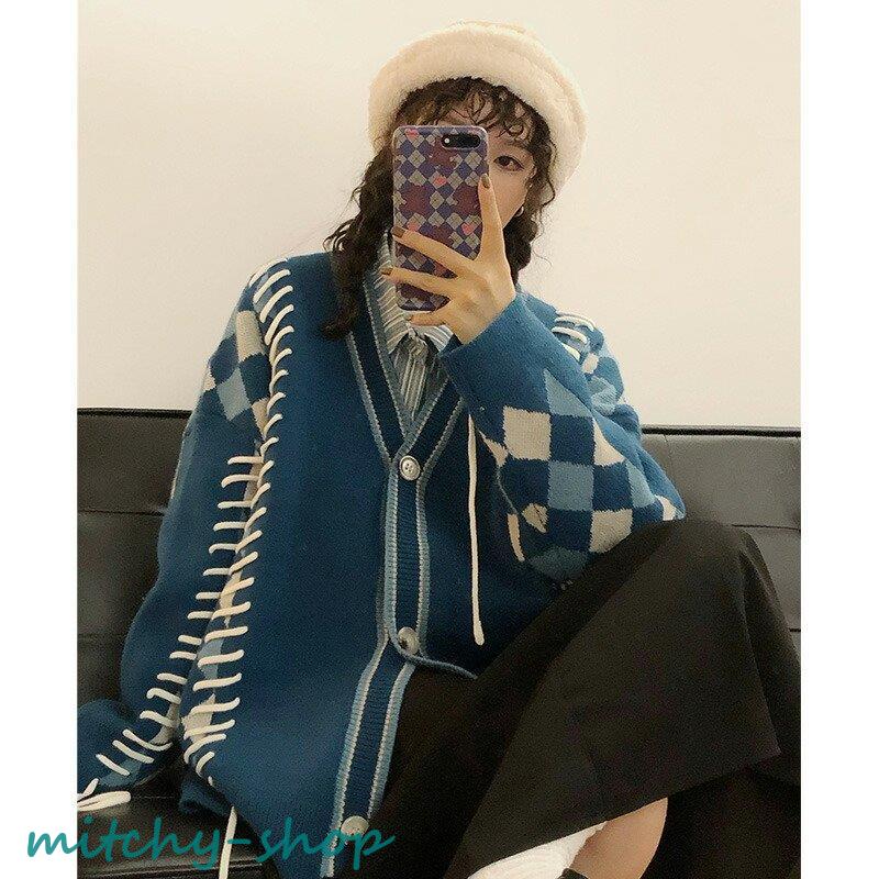 カーディガン アーガイル ニット 長袖 アウター 羽織り 大きいサイズ レースアップ 編み上げ 大人 上着 紐 レディース トップス かわいい セーター 秋 レトロ 