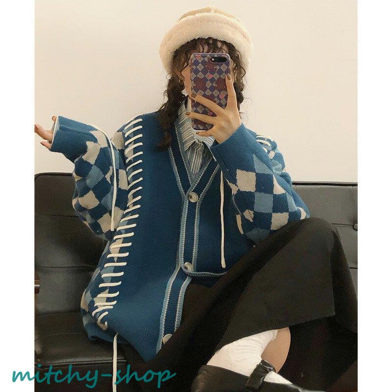 カーディガン アーガイル ニット 長袖 アウター 羽織り 大きいサイズ レースアップ 編み上げ 大人 上着 紐 レディース トップス かわいい セーター 秋 レトロ 