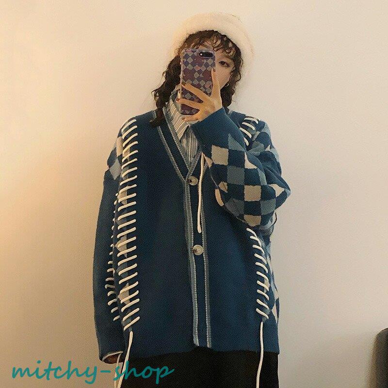 カーディガン アーガイル ニット 長袖 アウター 羽織り 大きいサイズ レースアップ 編み上げ 大人 上着 紐 レディース トップス かわいい セーター 秋 レトロ 