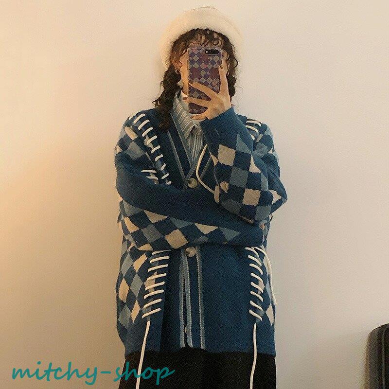 カーディガン アーガイル ニット 長袖 アウター 羽織り 大きいサイズ レースアップ 編み上げ 大人 上着 紐 レディース トップス かわいい セーター 秋 レトロ 