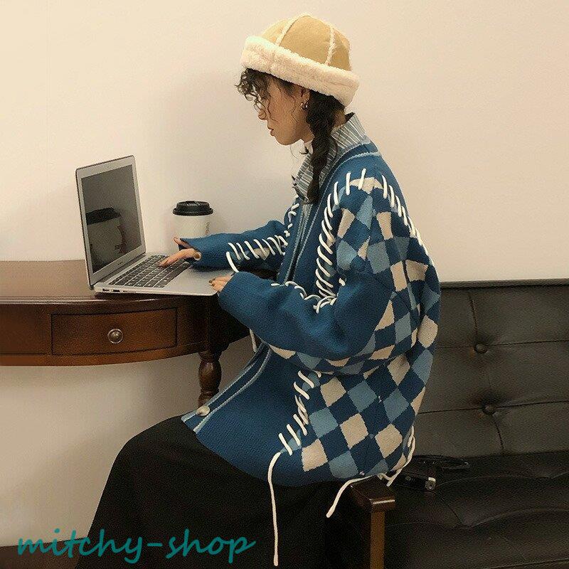 カーディガン アーガイル ニット 長袖 アウター 羽織り 大きいサイズ レースアップ 編み上げ 大人 上着 紐 レディース トップス かわいい セーター 秋 レトロ 