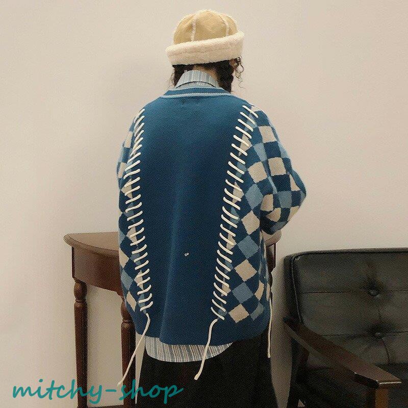 カーディガン アーガイル ニット 長袖 アウター 羽織り 大きいサイズ レースアップ 編み上げ 大人 上着 紐 レディース トップス かわいい セーター 秋 レトロ 