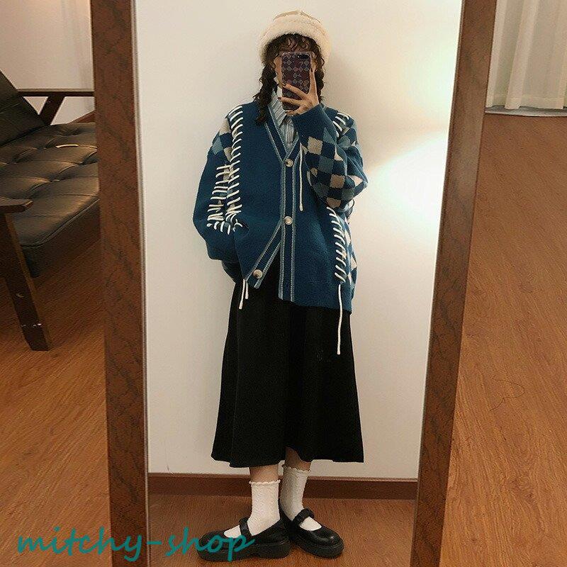 カーディガン アーガイル ニット 長袖 アウター 羽織り 大きいサイズ レースアップ 編み上げ 大人 上着 紐 レディース トップス かわいい セーター 秋 レトロ 