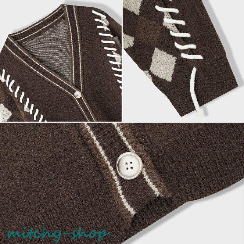 カーディガン アーガイル ニット 長袖 アウター 羽織り 大きいサイズ レースアップ 編み上げ 大人 上着 紐 レディース トップス かわいい セーター 秋 レトロ 