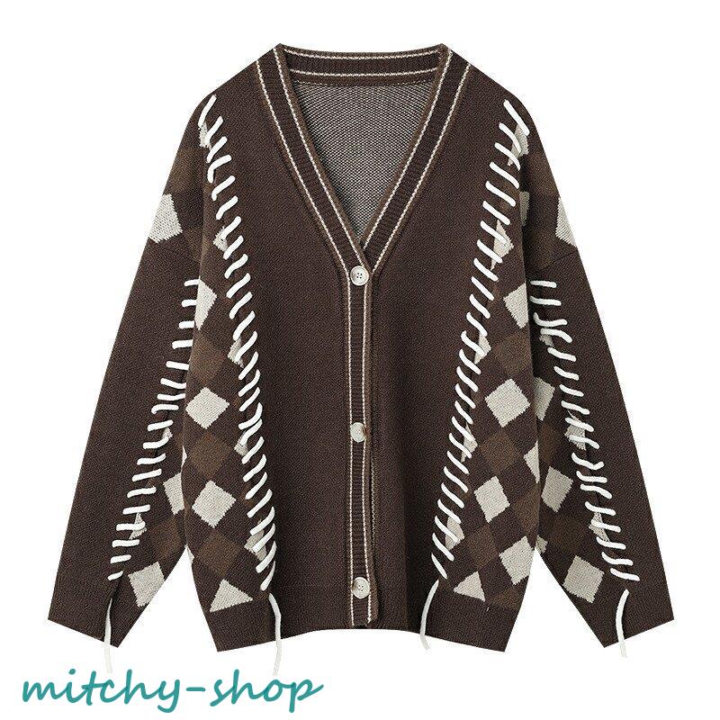 カーディガン アーガイル ニット 長袖 アウター 羽織り 大きいサイズ レースアップ 編み上げ 大人 上着 紐 レディース トップス かわいい セーター 秋 レトロ 
