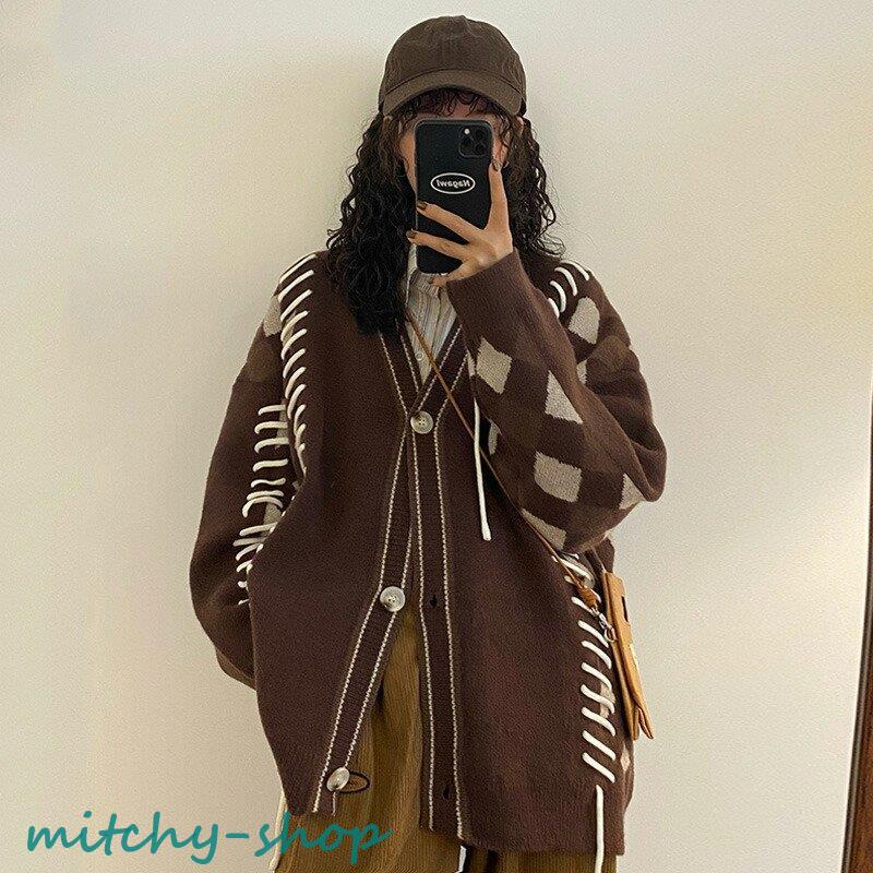 カーディガン アーガイル ニット 長袖 アウター 羽織り 大きいサイズ レースアップ 編み上げ 大人 上着 紐 レディース トップス かわいい セーター 秋 レトロ 