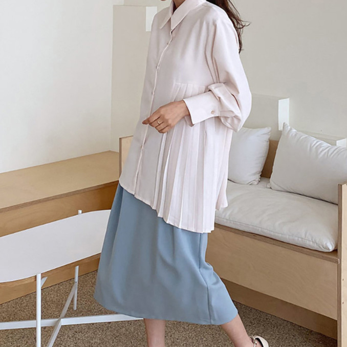レディース シャツ トップス プリーツシャツ ブラウス 無地 シンプル オフィス 体型カバー 大人可愛い 長袖 体型カバー きれいめ 上品 ロング おしゃれ 
