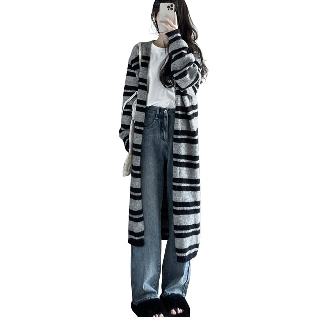 送料無料 ロングカーディガン ニット レディース ボーダー ニットカーディガン コーディガン ニットコート ロングコート ロング コーデ ゆったり 通勤 