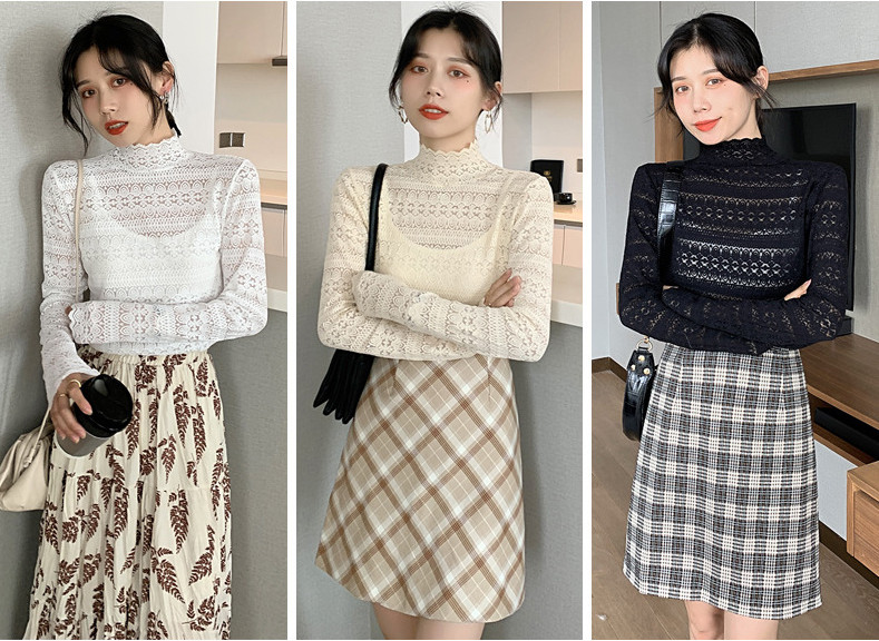 レース トップス レース ブラウス 長袖 総レース シャツ ファッション ハイネック ブラウス 花柄 シースルー 立ち襟 レディース 韓国 