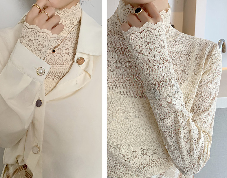 レース トップス レース ブラウス 長袖 総レース シャツ ファッション ハイネック ブラウス 花柄 シースルー 立ち襟 レディース 韓国 