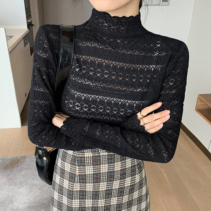 レース トップス レース ブラウス 長袖 総レース シャツ ファッション ハイネック ブラウス 花柄 シースルー 立ち襟 レディース 韓国 