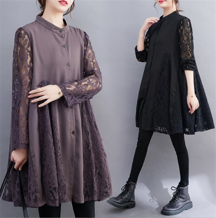 レースチュニック ワンピース レディース きれいめ 春秋 チュニックワンピース レース 長袖 40代 Aライン 切替かえ 大きいサイズ 体型カバー 可愛い 30代 