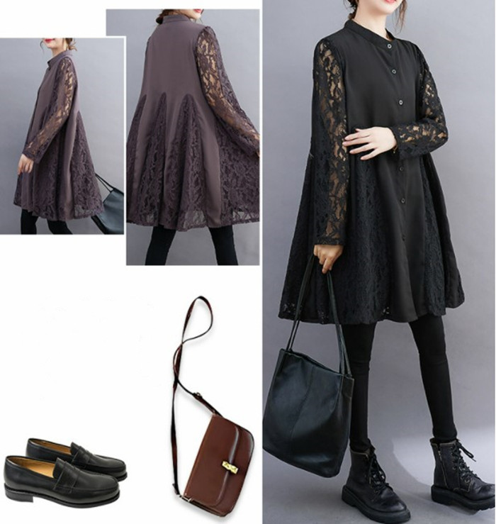 レースチュニック ワンピース レディース きれいめ 春秋 チュニックワンピース レース 長袖 40代 Aライン 切替かえ 大きいサイズ 体型カバー 可愛い 30代 